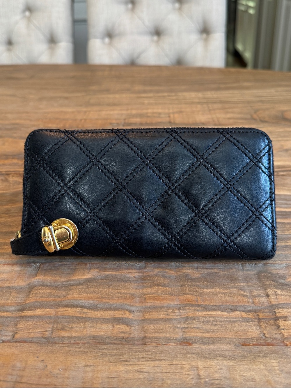 Marc Jacobs Black Quilted Leather Zip Around Wallet 2000s Gold Clasp